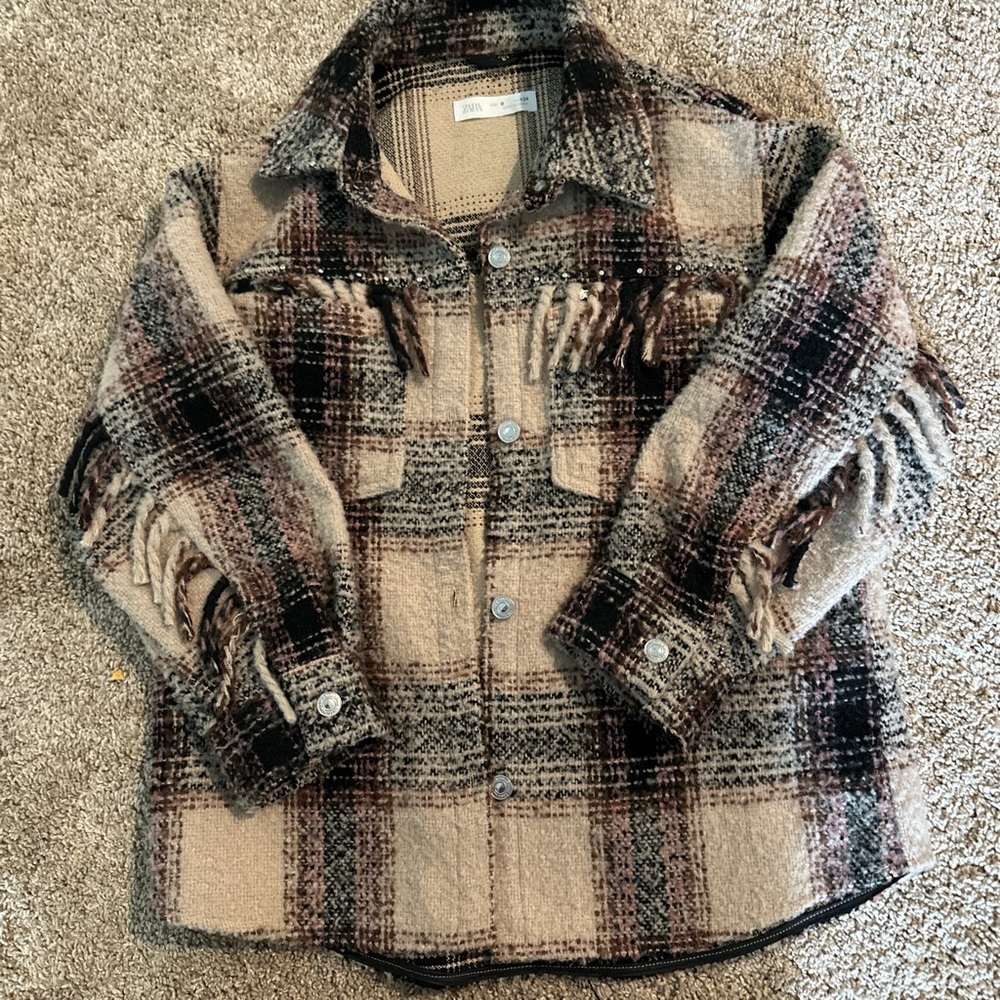Zara Cream and Brown Jean Jacket Oversized Shacket